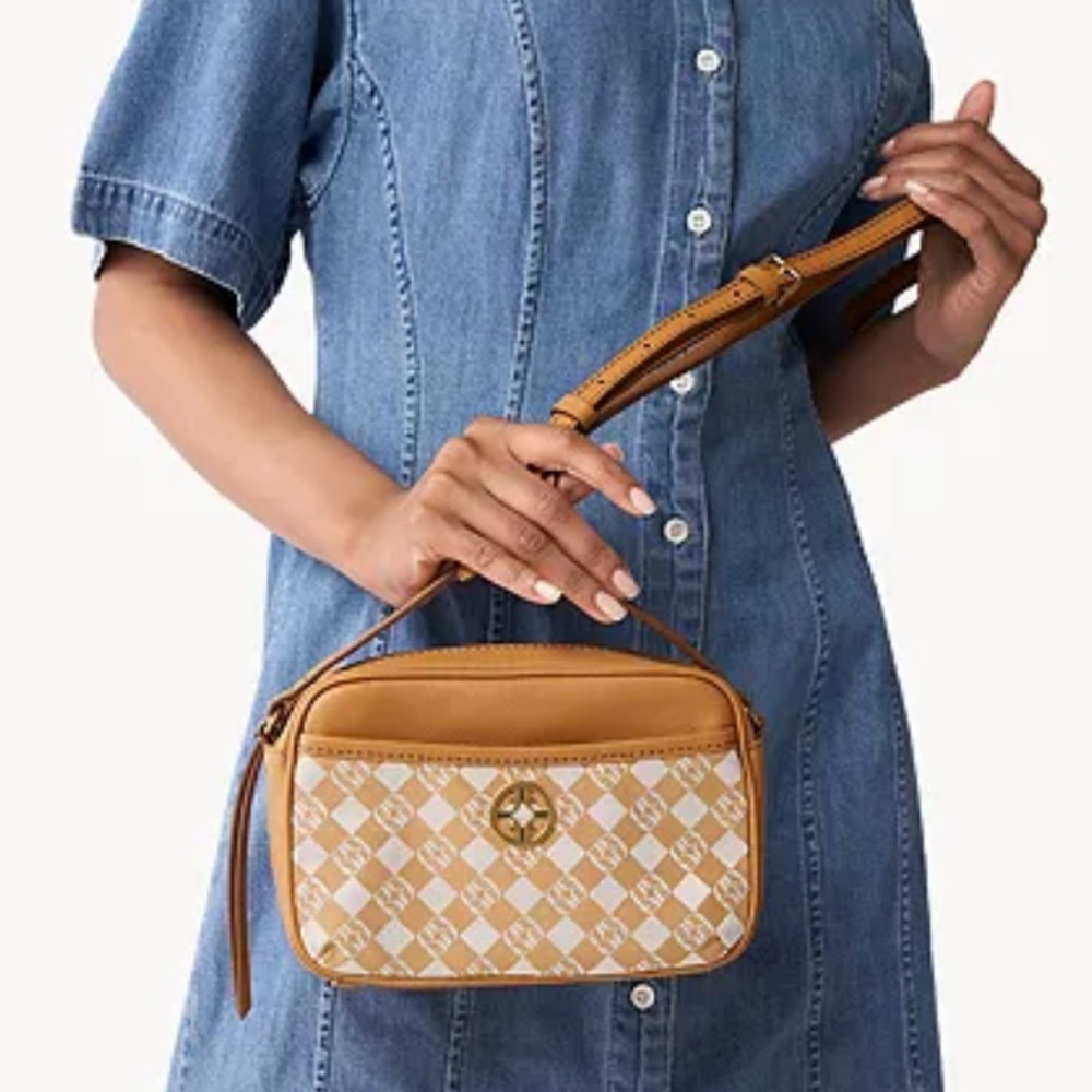 NEW Fossil Brennon Camera Bag Jacquard Leather Crossbody - Picture 3 of 10